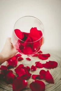 czerwone płatki róż w kieliszku